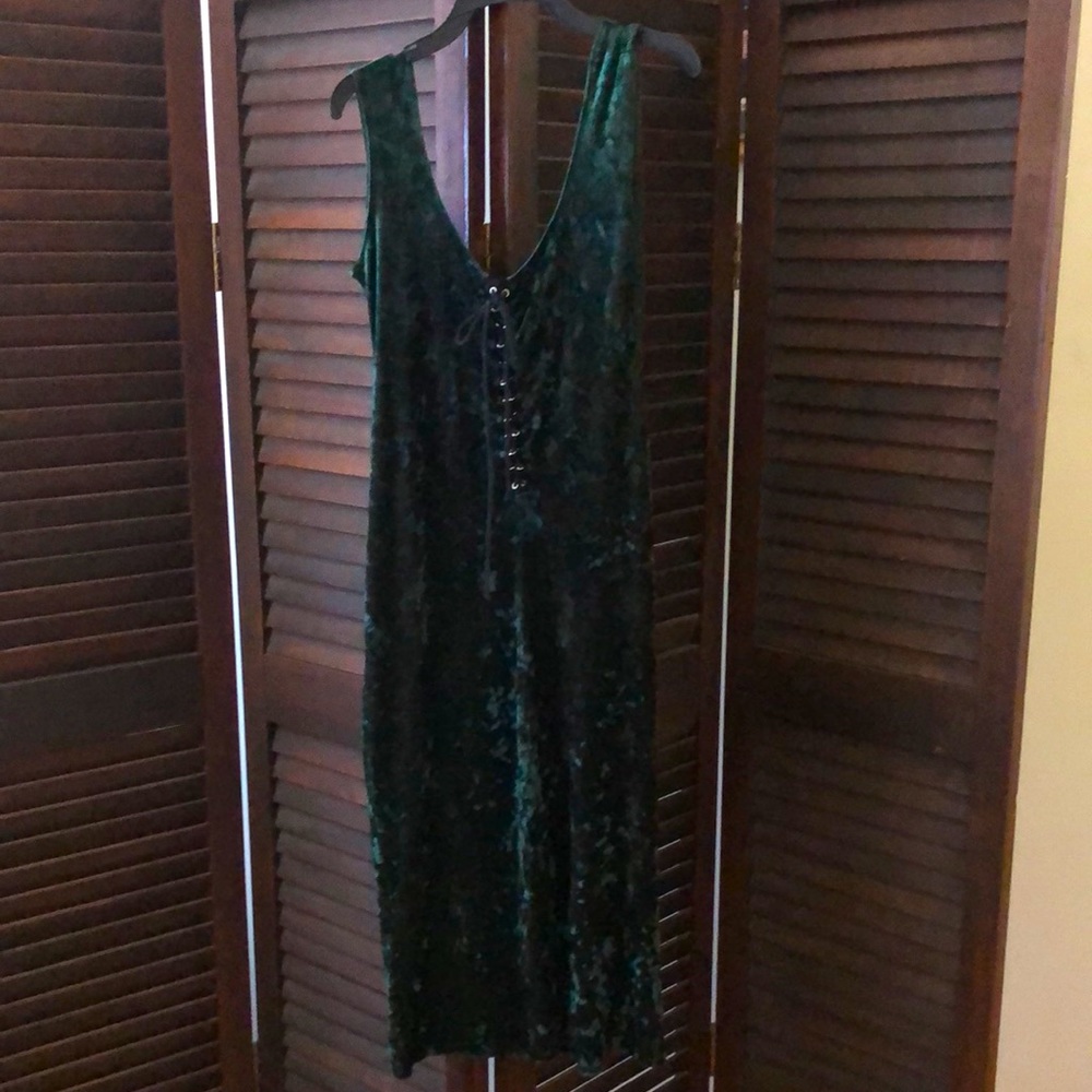 Gothic crushed velvet lace up forest green dress.